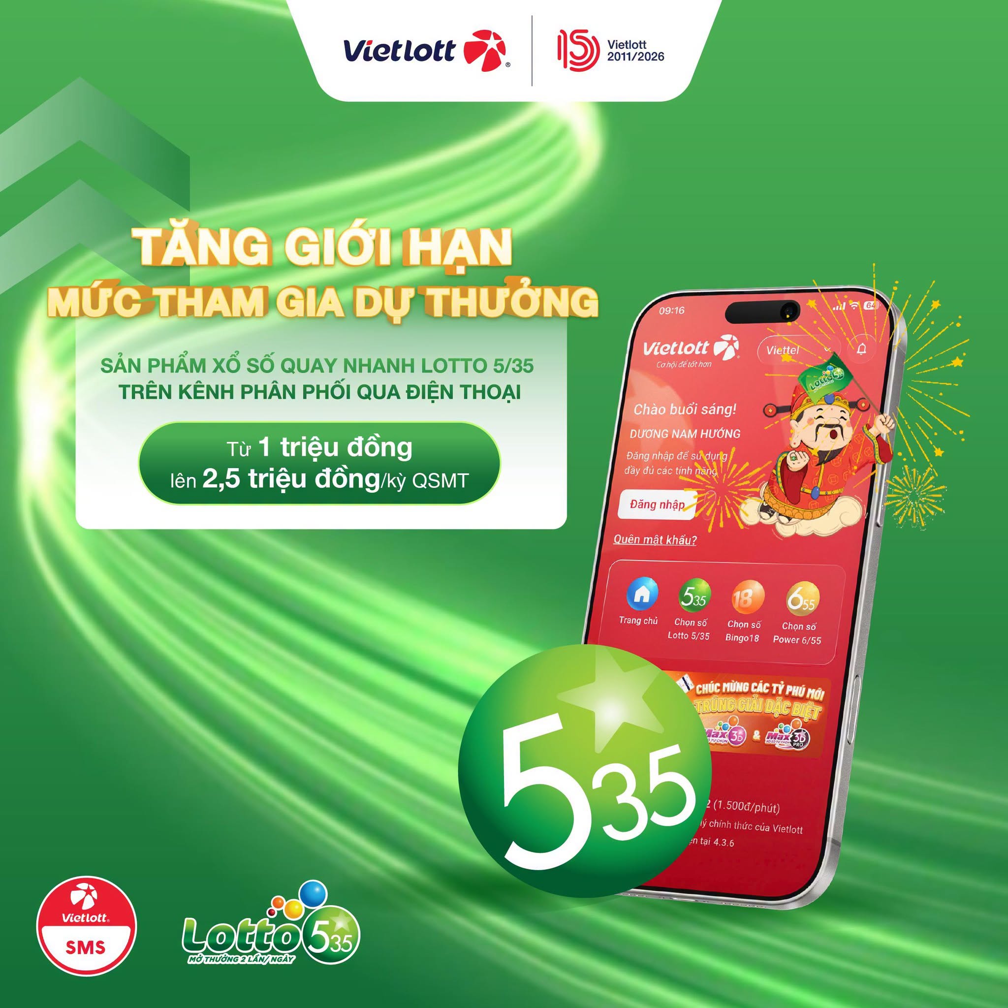 Vietlott nâng hạn mức dự thưởng Lotto 5/35 trên Vietlott SMS lên 2,5 triệu đồng/kỳ từ 20/07/2026