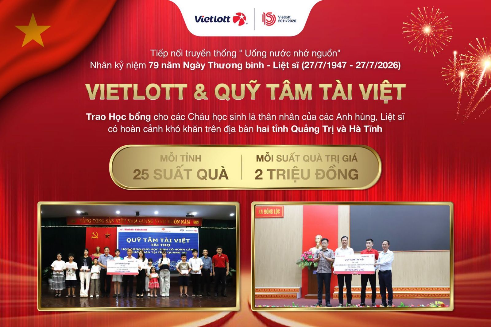 VIETLOTT & QUỸ TÂM TÀI VIỆT ĐỒNG HÀNH TRAO HỌC BỔNG CHO HỌC SINH LÀ THÂN NHÂN ANH HÙNG, LIỆT SĨ TẠI QUẢNG TRỊ VÀ HÀ TĨNH