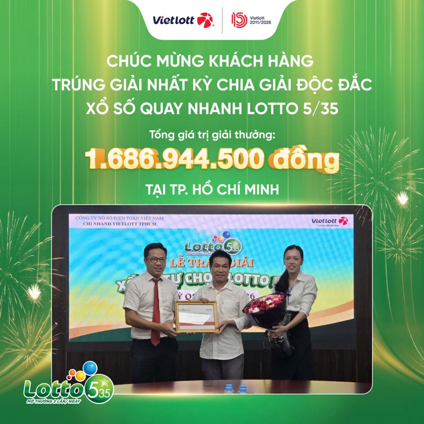 Trao thưởng giải nhất kỳ chia giải Độc Đắc xổ số quay nhanh Lotto 5/35  kỳ QSMT 00874