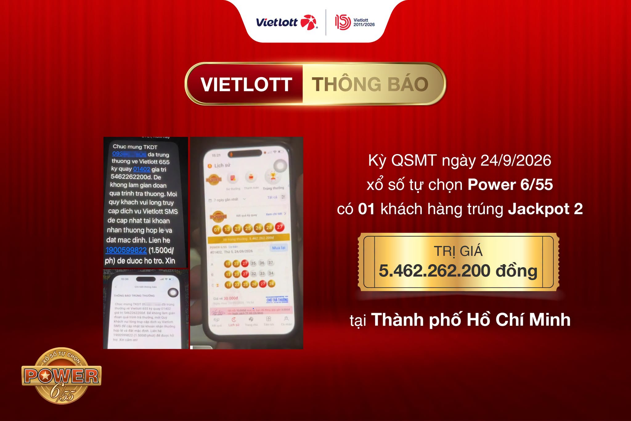NGƯỜI ĐÀN ÔNG VỀ HƯU Ở THÀNH PHỐ HỒ CHÍ MINH NHỜ KIÊN TRÌ MUA VÉ ĐÃ TRÚNG JACKPOT 2 XỔ SỐ TỰ CHỌN POWER 6/55 HƠN 5,4 TỶ ĐỒNG